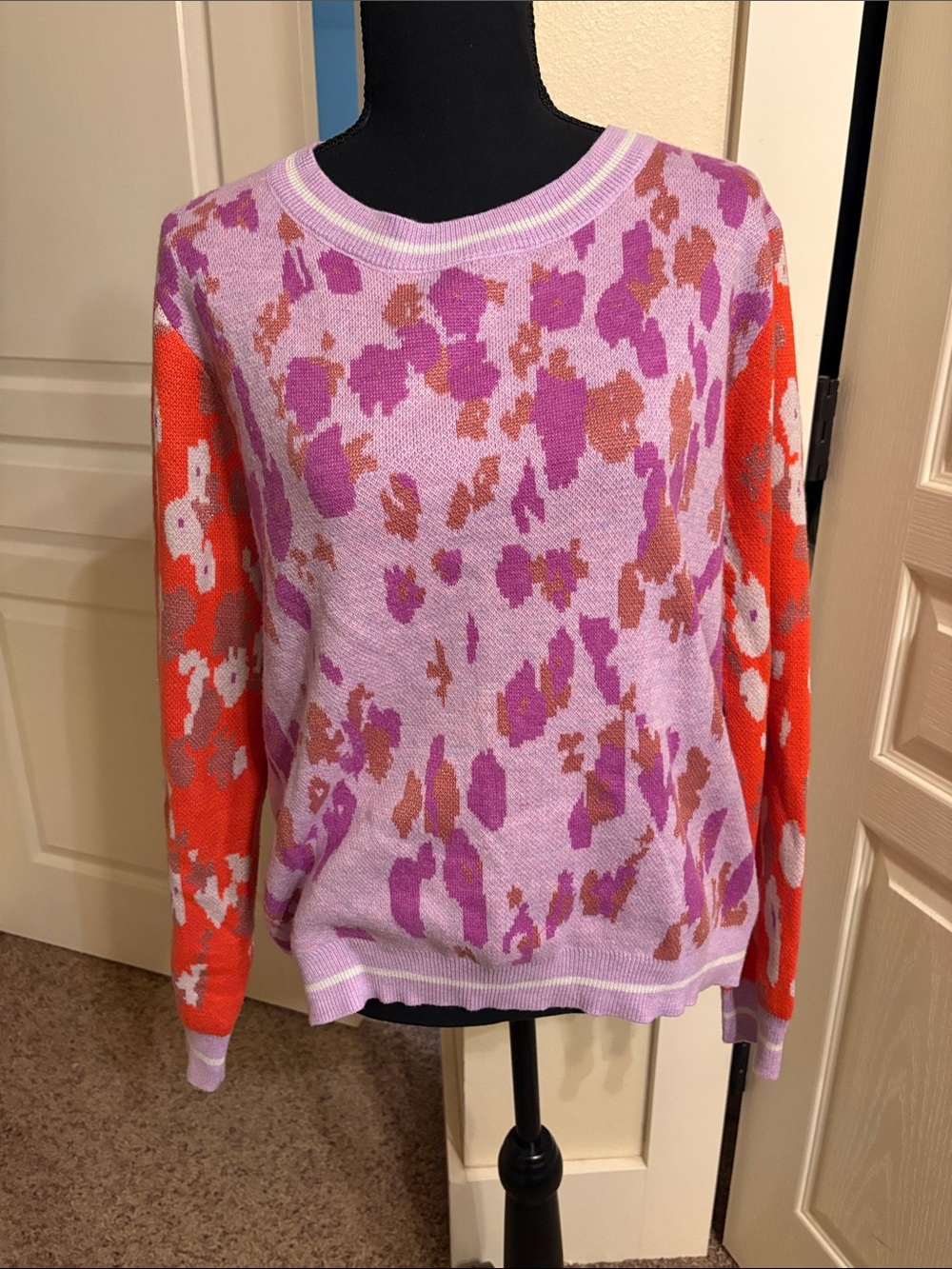 Fate Lavender Crewneck Sweater with Orange Patterned Sleeves